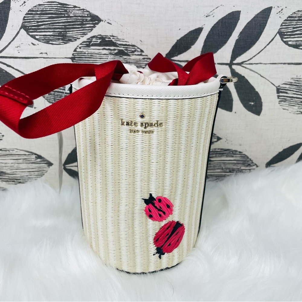 Kate Spade Dottie Embroidered Natural Straw Ladybug Cylinder Crossbody Purse bag